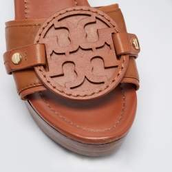 Pre Owned Tory Burch Brown Leather Patti  Platform Sandals Size 37.5