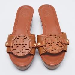 Pre Owned Tory Burch Brown Leather Patti  Platform Sandals Size 37.5