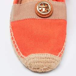 Pre Owned Tory Burch Orange/Beige Canvas Flat Espadrilles Size 36.5