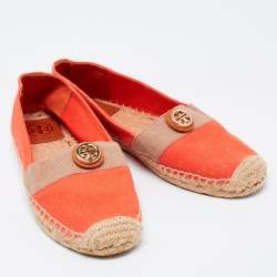 Pre Owned Tory Burch Orange/Beige Canvas Flat Espadrilles Size 36.5