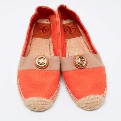 Pre Owned Tory Burch Orange/Beige Canvas Flat Espadrilles Size 36.5