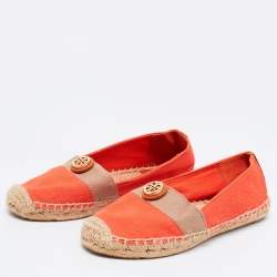 Pre Owned Tory Burch Orange/Beige Canvas Flat Espadrilles Size 36.5