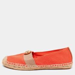 Pre Owned Tory Burch Orange/Beige Canvas Flat Espadrilles Size 36.5