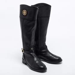 Pre Owned Tory Burch Black Leather Knee Length Boots Size 38