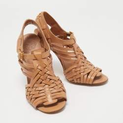 Pre Owned Tory Burch Tan Leather Open Toe  Ankle Strap Sandals Size 39