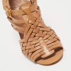 Pre Owned Tory Burch Tan Leather Open Toe  Ankle Strap Sandals Size 39