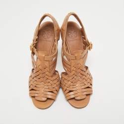 Pre Owned Tory Burch Tan Leather Open Toe  Ankle Strap Sandals Size 39