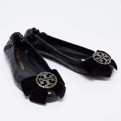 Pre Owned Tory Burch Black Leather Ballet Scrunch Flats Size 37.5