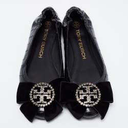 Pre Owned Tory Burch Black Leather Ballet Scrunch Flats Size 37.5
