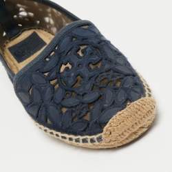 Pre Owned Tory Burch Navy Blue Mesh and Leather Trim Jacki Espadrille Flats Size 37