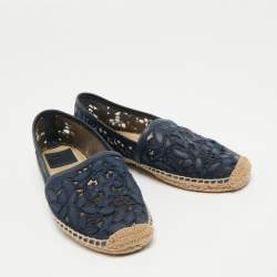 Pre Owned Tory Burch Navy Blue Mesh and Leather Trim Jacki Espadrille Flats Size 37