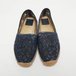 Pre Owned Tory Burch Navy Blue Mesh and Leather Trim Jacki Espadrille Flats Size 37