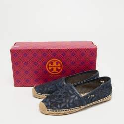 Pre Owned Tory Burch Navy Blue Mesh and Leather Trim Jacki Espadrille Flats Size 37