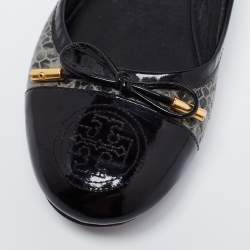Pre Owned Tory Burch Black/Grey Patent Leather and Embossed Snakeskin Verbena Tribal Ballet Flats Size 37