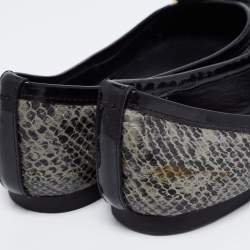 Pre Owned Tory Burch Black/Grey Patent Leather and Embossed Snakeskin Verbena Tribal Ballet Flats Size 37