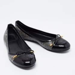 Pre Owned Tory Burch Black/Grey Patent Leather and Embossed Snakeskin Verbena Tribal Ballet Flats Size 37