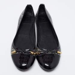 Pre Owned Tory Burch Black/Grey Patent Leather and Embossed Snakeskin Verbena Tribal Ballet Flats Size 37
