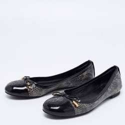 Pre Owned Tory Burch Black/Grey Patent Leather and Embossed Snakeskin Verbena Tribal Ballet Flats Size 37