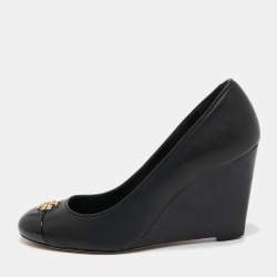 Pre Owned Tory Burch Black Leather and Patent Cap Toe Reva Wedge Pumps Size 37