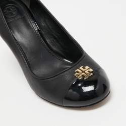 Pre Owned Tory Burch Black Leather and Patent Cap Toe Reva Wedge Pumps Size 37