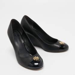 Pre Owned Tory Burch Black Leather and Patent Cap Toe Reva Wedge Pumps Size 37