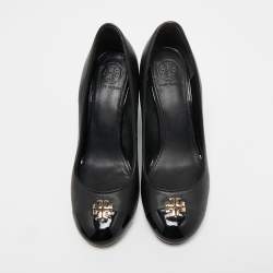 Pre Owned Tory Burch Black Leather and Patent Cap Toe Reva Wedge Pumps Size 37