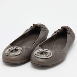 Pre Owned Tory Burch Grey Leather Scrunch Ballet Flats Size 38