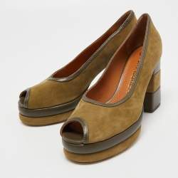 Pre Owned Tory Burch Green Suede and Leather Platform Pumps Size 38.5