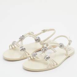 Pre Owned Tory Burch Off White Leather Embellished Flat Sandals Size 35