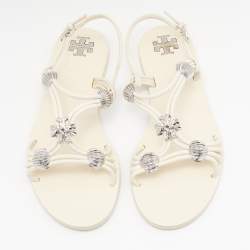 Pre Owned Tory Burch Off White Leather Embellished Flat Sandals Size 35