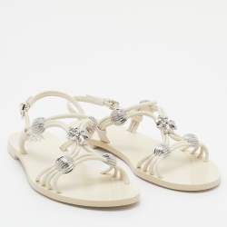 Pre Owned Tory Burch Off White Leather Embellished Flat Sandals Size 35