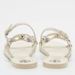 Pre Owned Tory Burch Off White Leather Embellished Flat Sandals Size 35