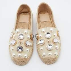 Pre Owned Tory Burch Light Beige Canvas Embellished Espadrille Flats Size 35