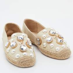 Pre Owned Tory Burch Light Beige Canvas Embellished Espadrille Flats Size 35