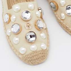 Pre Owned Tory Burch Light Beige Canvas Embellished Espadrille Flats Size 35