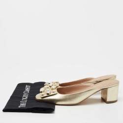 Pre Owned Tory Burch Gold Leather Vail Block Heel Mules Size 38.5