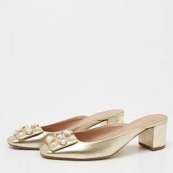 Pre Owned Tory Burch Gold Leather Vail Block Heel Mules Size 38.5