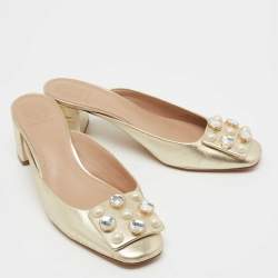 Pre Owned Tory Burch Gold Leather Vail Block Heel Mules Size 38.5