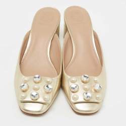 Pre Owned Tory Burch Gold Leather Vail Block Heel Mules Size 38.5