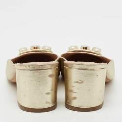 Pre Owned Tory Burch Gold Leather Vail Block Heel Mules Size 38.5
