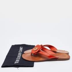 Pre Owned Tory Burch Orange Leather Breely Flower Thong Flats Size 38