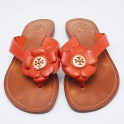 Pre Owned Tory Burch Orange Leather Breely Flower Thong Flats Size 38