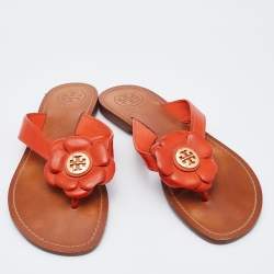 Pre Owned Tory Burch Orange Leather Breely Flower Thong Flats Size 38