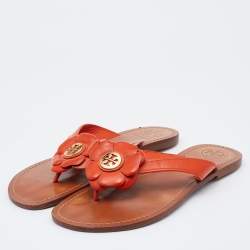 Pre Owned Tory Burch Orange Leather Breely Flower Thong Flats Size 38