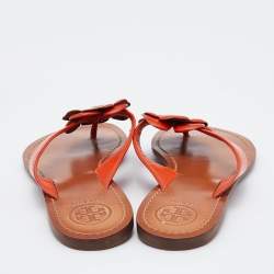 Pre Owned Tory Burch Orange Leather Breely Flower Thong Flats Size 38