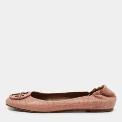 Pre Owned Tory Burch Beige Croc Embossed Leather Reva Ballet Flats Size 39