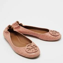 Pre Owned Tory Burch Beige Croc Embossed Leather Reva Ballet Flats Size 39