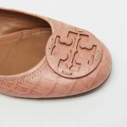 Pre Owned Tory Burch Beige Croc Embossed Leather Reva Ballet Flats Size 39
