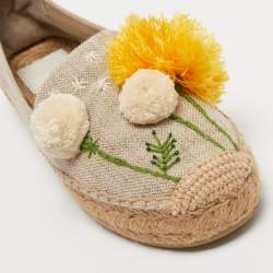 Pre Owned Tory Burch Beige Canvas Pom Pom Detail Espadrilles Flats Size 39.5
