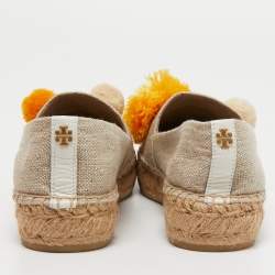 Pre Owned Tory Burch Beige Canvas Pom Pom Detail Espadrilles Flats Size 39.5